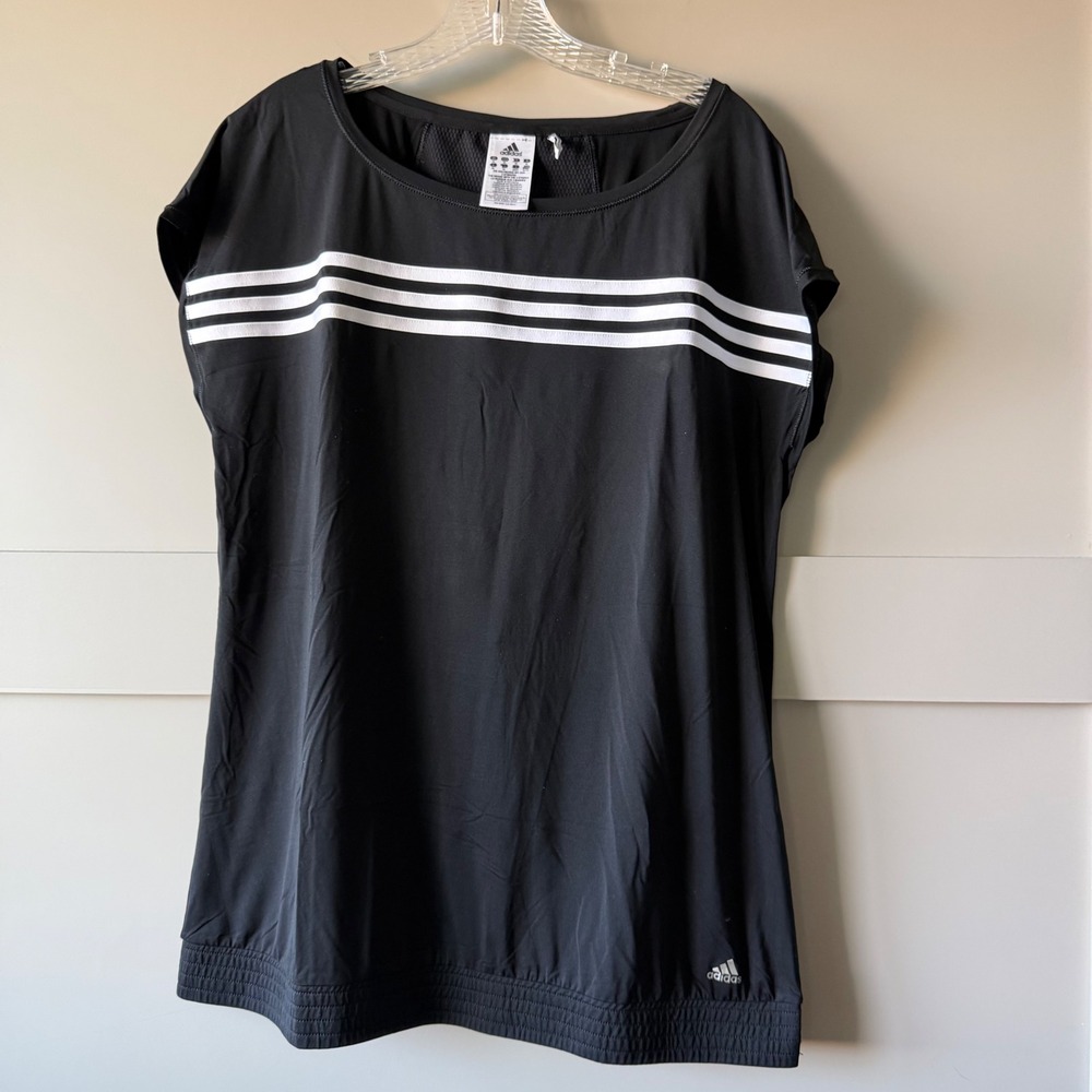 Adidas Climacool Shirt Womens XL Black 3 Stripe Mesh Back Elastic Hem Top